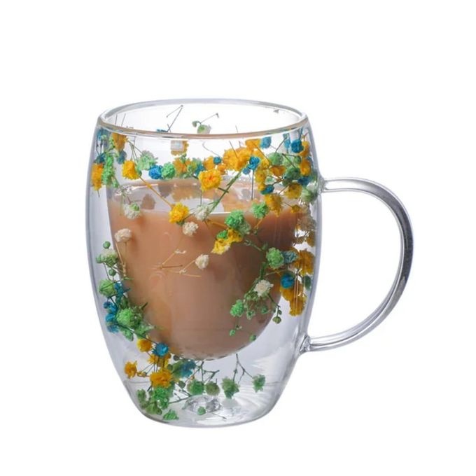 350ml Insulated Double Wall Glass Cup with Handle – Dried Flower Design