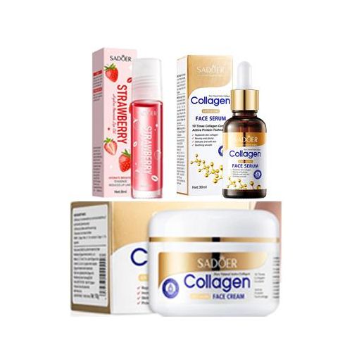 SADOER Collagen Anti-Aging Skincare Set - Face Serum, Face Cream & Hydrating Lip Oil/Balm Trio - Intensive Hydration, Wrinkle Reduction & Skin Firming