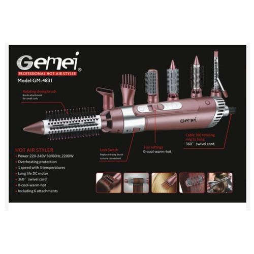 Gemei 7-in-1 Professional Ceramic Hot Air Hair Styler with Overheating Protection, 1 Speed, and 3 Temperature Controls