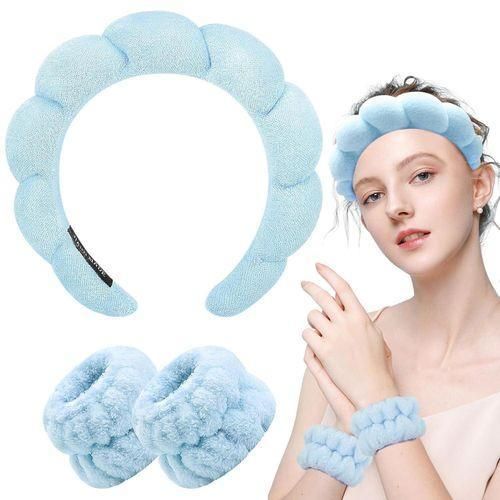 Spa Headband And Wristband Set Day Skincare Headband for Washing Face Hot Pink Puffy Sponge Makeup Bubble Head Band Hair Claw Clips Wrist Towels Headwear Scrunchies for Women Girls Non Slip Thick Hair Accessory(Black)