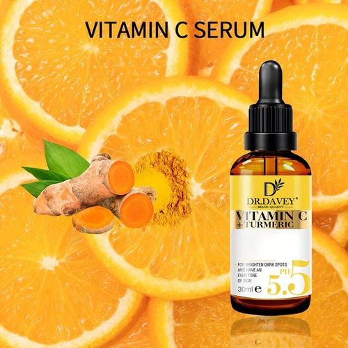 Dr. Davey Vitamin C & Turmeric Face Serum PH 5.5. Moisturizes, Lightens, Fades Dark Spots, Hyperpigmentations, Removes Wrinkles, Fine lines, Sun Spots, Skin Dullness, Evens, Firms & Brightens