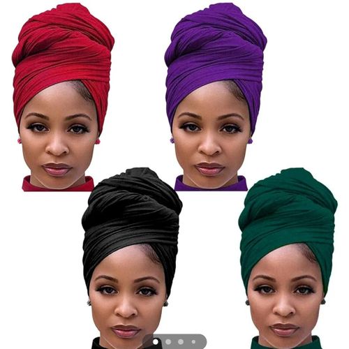 4 Packs Head Wrap Scarf Stretch Jersey Turban Extra Long Ultra Soft Urban Headwraps for Women Solid Color African Headwear Headband Tie (Black Purple Green Red)