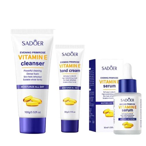 SADOER 3 in 1 Vitamin E Face Cleanser+Face Serum+Hand Cream for Moisturizing Skin Tone Anti-aging, Anti-wrinkle Set.
