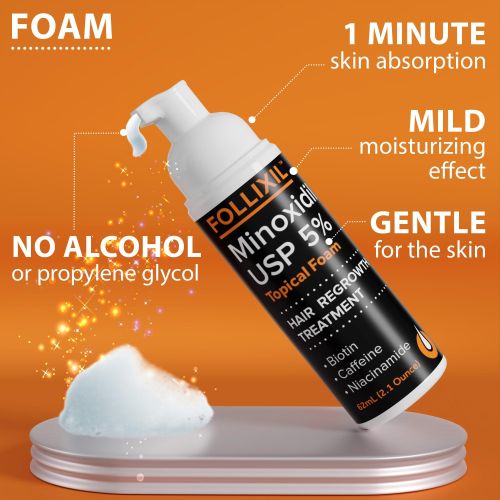 Follicle Booster Follixil Minoxidil 5% Foam for Men and Women - Hair Regrowth Topical Treatment Infused with Biotin, Caffeine and Niacinamide - Anti Hair Loss Treatment For Stronger and Longer Hair.