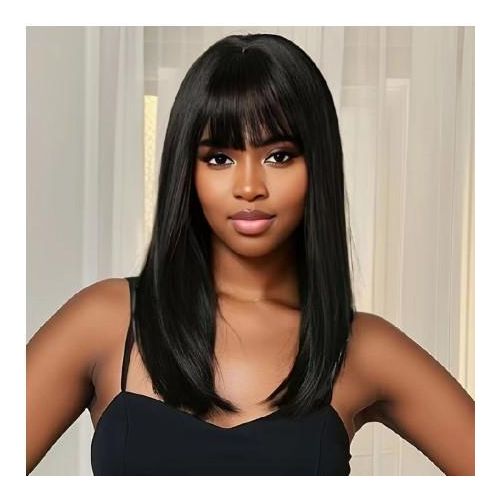Long straight synthetic bangs medium long hair black wigs for women