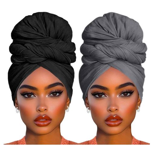2 Piece Stretch Jersey Head Wraps Long Solid Color Head Scarf African Women's Headbands Fashion Turban Lightweight Breathable Headwraps for Women(Black+Dark Grey)