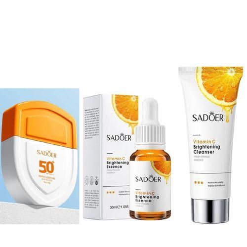 SADOER 3 in 1, Sunscreen SPF 50 + Vitamin C Serum + Vitamin C Cleanser Face Brightening combo, with a Sunscreen