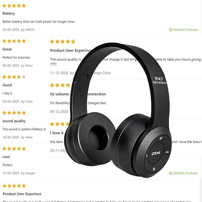 P47 Wireless Bluetooth Headset – Headphones with Microphone, TF Card & FM Radio (Black)