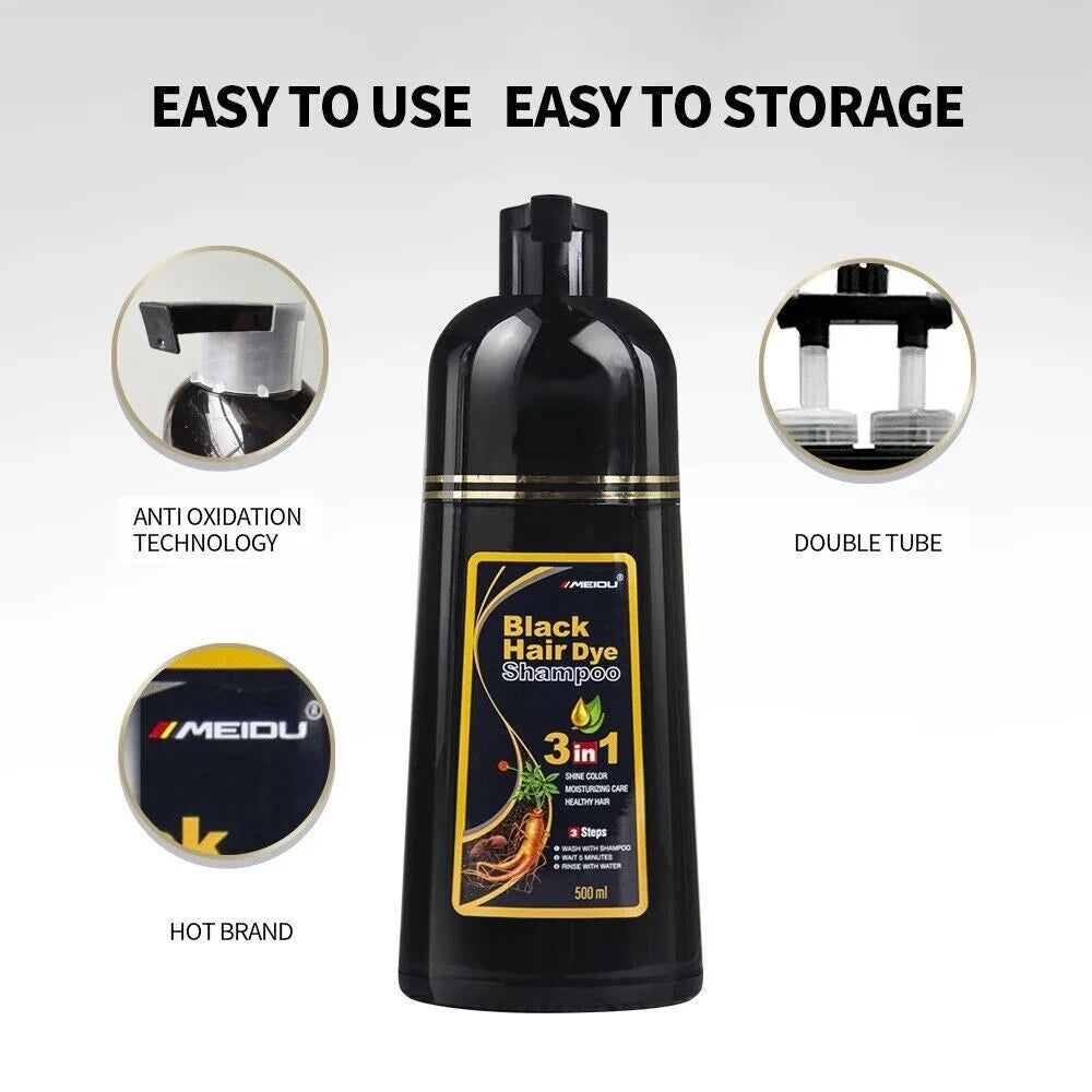 Meidu 3-in-1 Natural Black Hair Dye Shampoo – 500ml For Men and Women