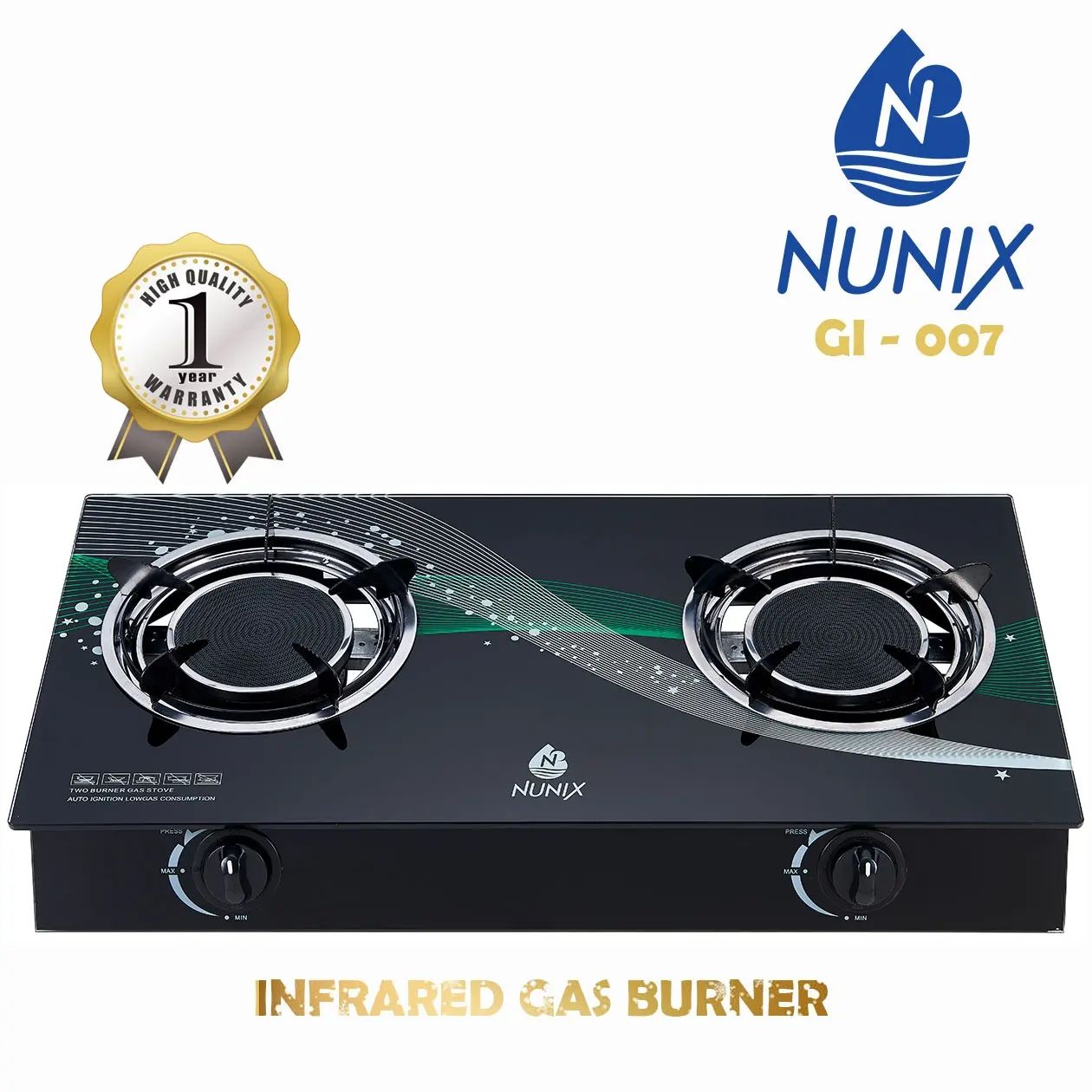 Two burner glass top gas cooker -nunix