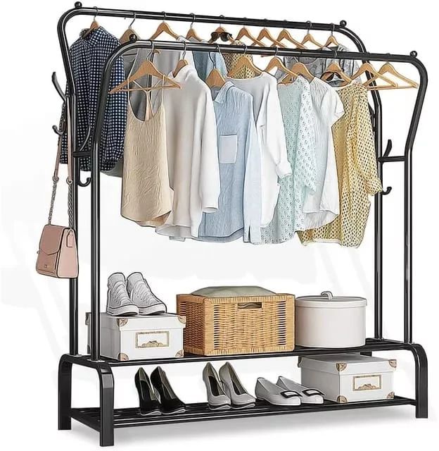 Double clothes rack with bottom shelves