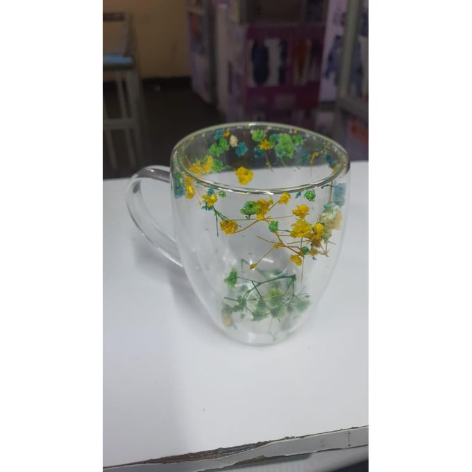 350ml Insulated Double Wall Glass Cup with Handle – Dried Flower Design