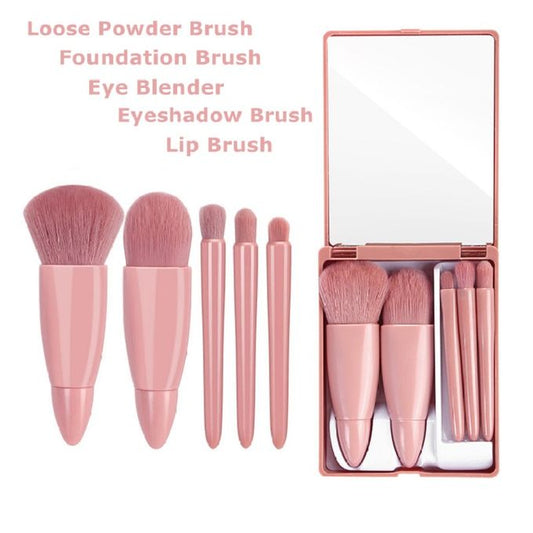5-in-1 Makeup Brush Set with Mirror – Portable Mini Beauty Tool