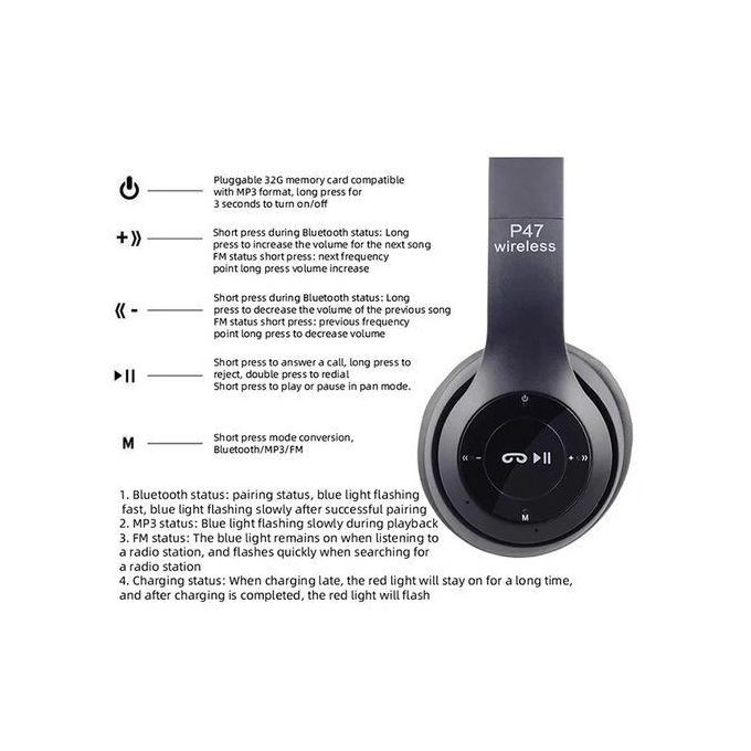 P47 Wireless Bluetooth Headset – Headphones with Microphone, TF Card & FM Radio (Black)