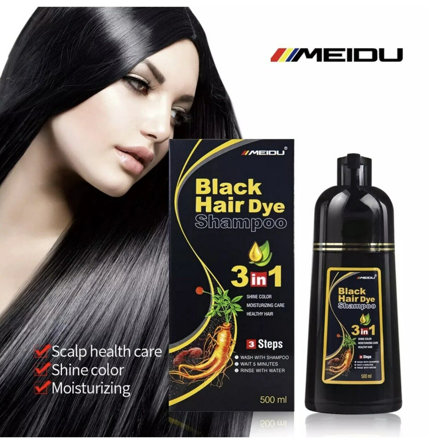 Meidu 3-in-1 Natural Black Hair Dye Shampoo – 500ml For Men and Women