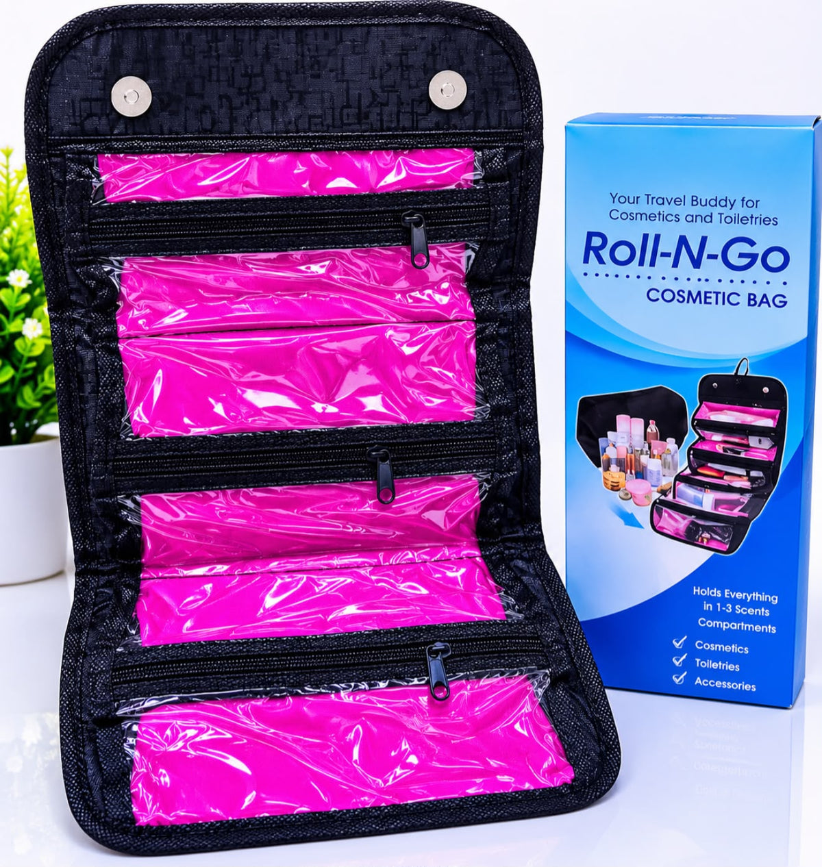 Roll-N-Go Cosmetic Bag | Clear Compartments + Roll-Up Storage + Hanging Hook | KSh 650