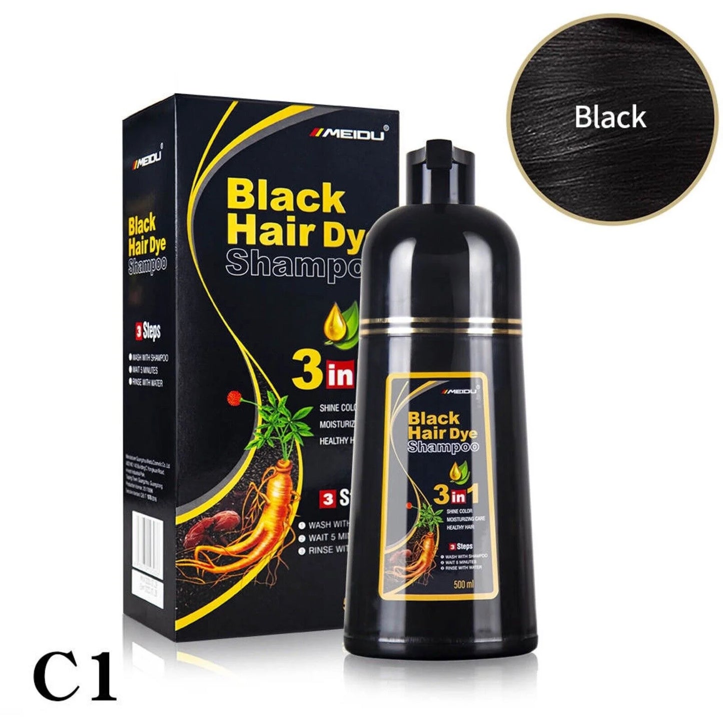 Meidu 3-in-1 Natural Black Hair Dye Shampoo – 500ml For Men and Women