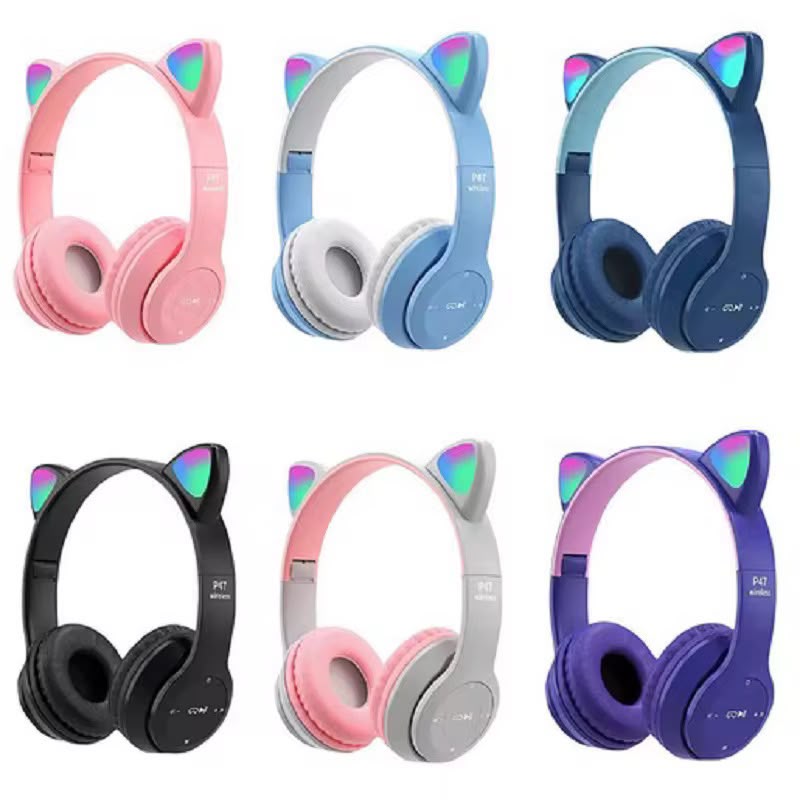 Kids P47 Wireless Headphones with a distinctive cat ear design with RGB LED lighting.