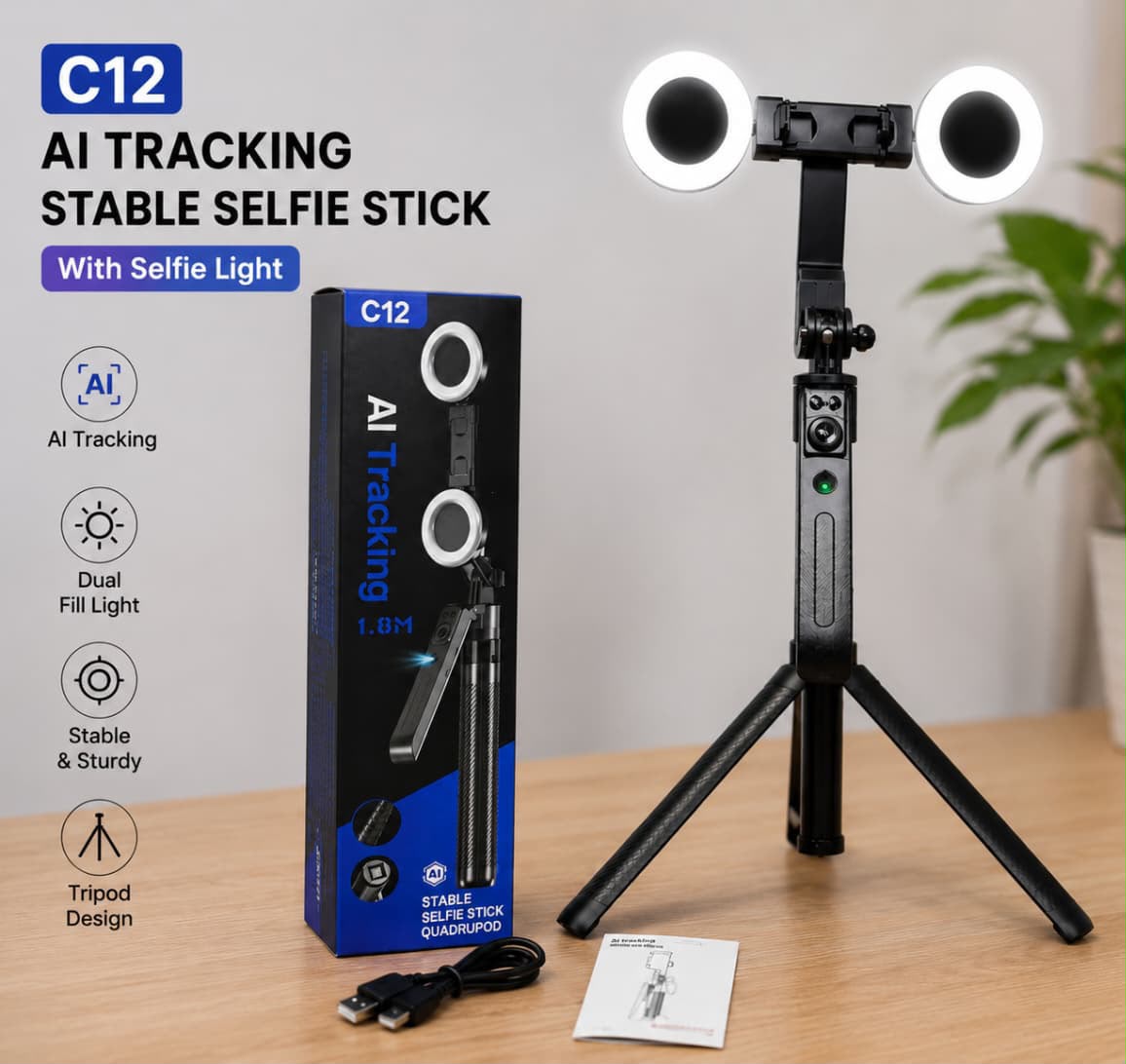 C12 AI Tracking Selfie Stick and Tripod with lights