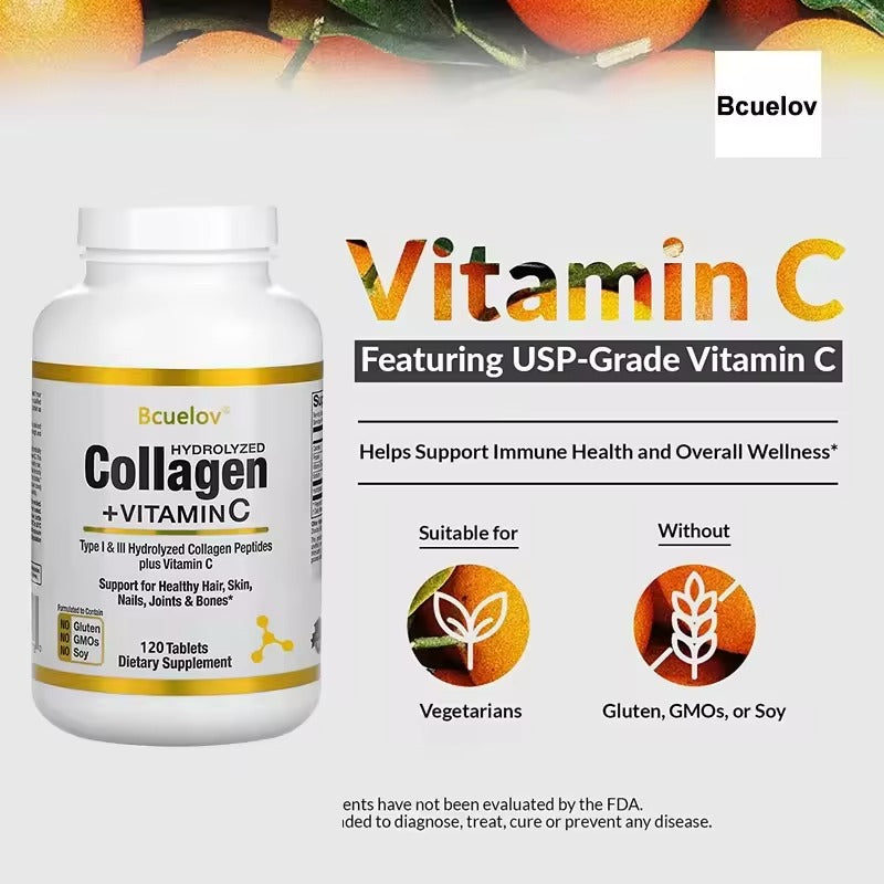 Bcuelov Hydrolyzed Collagen Peptides + Vitamin C (120 Capsules) - Nutritional Supplement for Healthy Hair, Skin and Nails