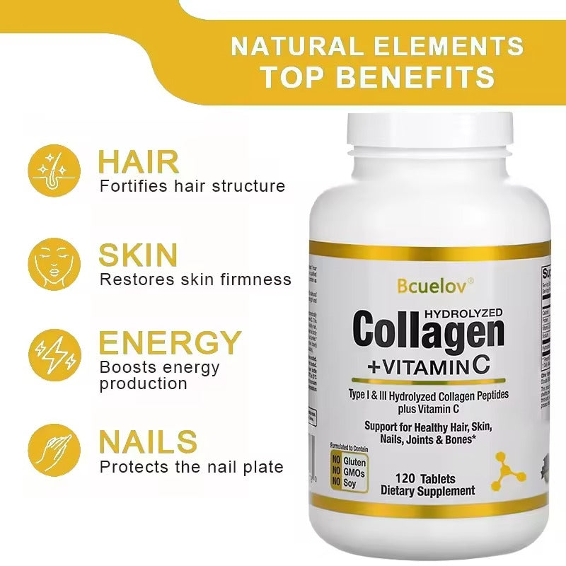 Bcuelov Hydrolyzed Collagen Peptides + Vitamin C (120 Capsules) - Nutritional Supplement for Healthy Hair, Skin and Nails