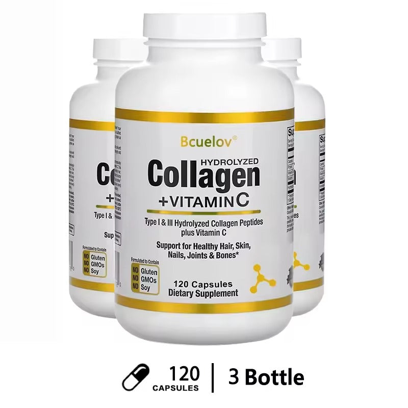 Bcuelov Hydrolyzed Collagen Peptides + Vitamin C (120 Capsules) - Nutritional Supplement for Healthy Hair, Skin and Nails