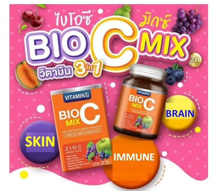 BioC Mix Vitamin C B1 B2 Zinc Q10 Antioxidant Bright Skin Immune Brain 30 Tablet