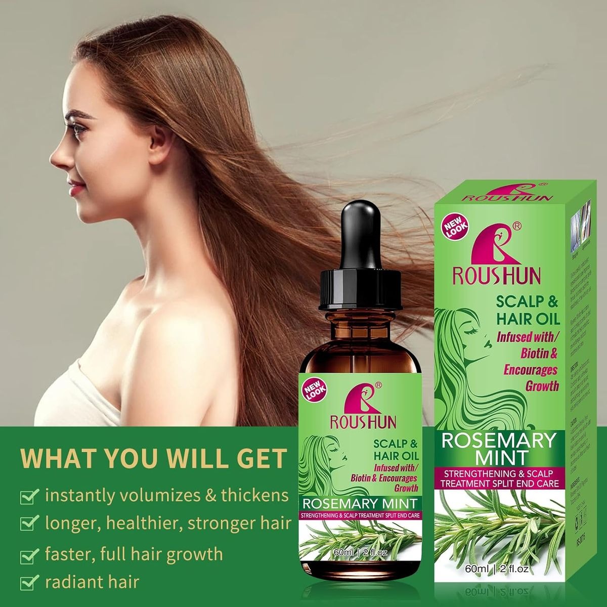 Roushun Rosemary Mint Strengthening Scalp and Hair Oil - 60ml