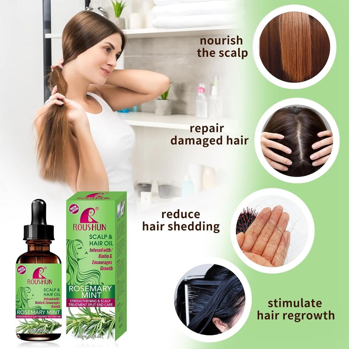 Roushun Rosemary Mint Strengthening Scalp and Hair Oil - 60ml