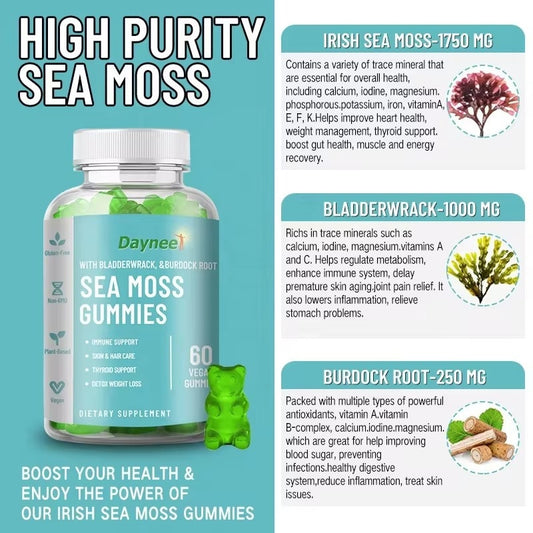 DAYNEE Vegan Sea Moss Gummy Natural Organic Vitamin System Seamoss Bladderwrack Detox Gummies for Moss