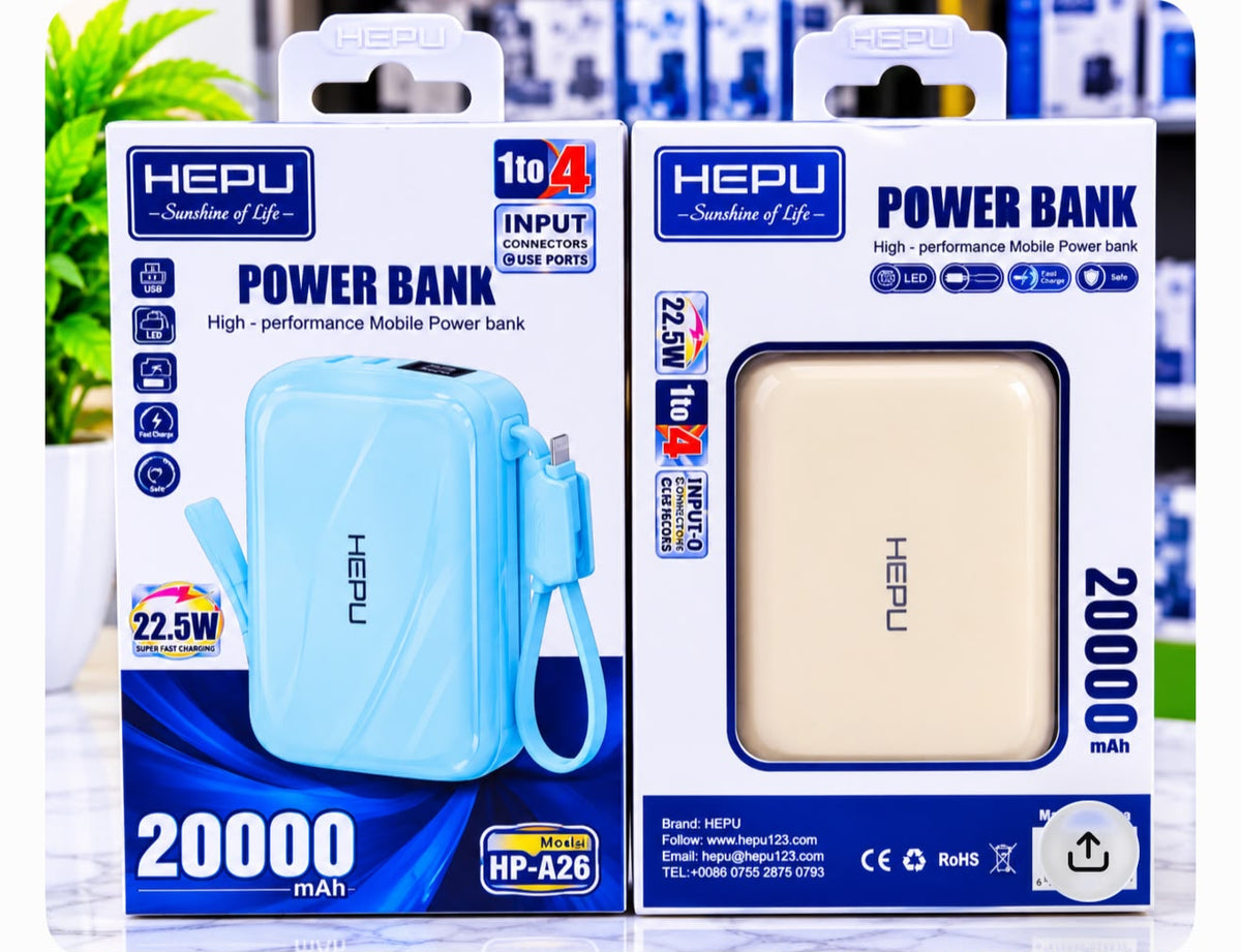 HEPU Power Bank | 20,000mAh + 22.5W Fast Charging + Built-in Cables | KSh 3,250