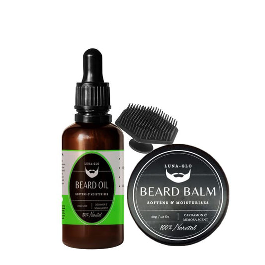 Luna-Glo Beard Oil & Balm Set – With Beard Silicone Brush