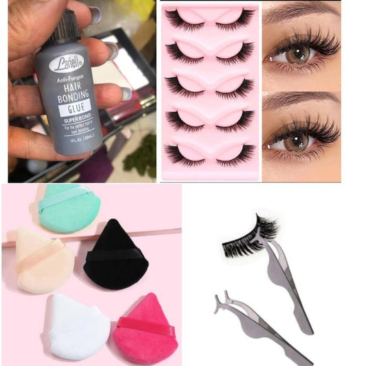 5pcs Eyelashes, Powder Puff, Lash Applicator & Lash Glue Set