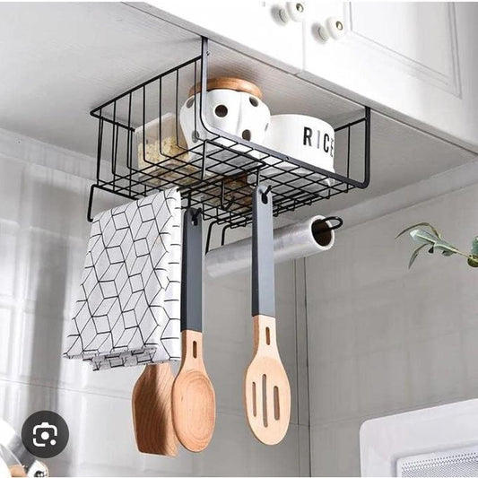 Under Shelf Kitchen Storage Basket with Towel Holder and Utensil Hooks