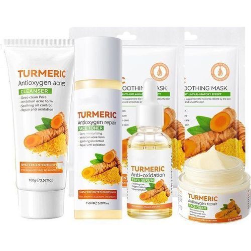 SADOER Quality Turmeric Skincare Set For Anti-Aging Glowing Skin,Include Face Cleanser, Turmeric Oil Serum-Toner-Face Cream-and 2 Tumeric Sheet Mask For Dark Spot Corrector Remover Anti Aging Firming(Set) 6pcs