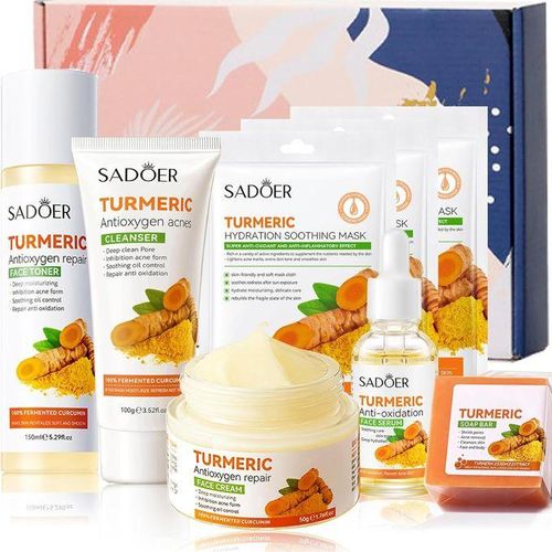 SADOER Turmeric Skincare Set For Anti-Aging Glowing Skin,Include Face Cleanser, Turmeric Oil Serum-Toner-Face Cream- Soap-3*Sheet Mask For Dark Spot Corrector Remover Anti Aging Firming(Set)