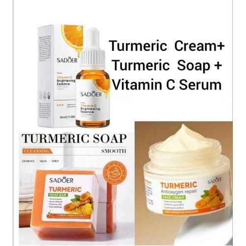 SADOER The Glow Set Kit Turmeric Cream,Tumeric Soap and Vitamin C Brightening Serum