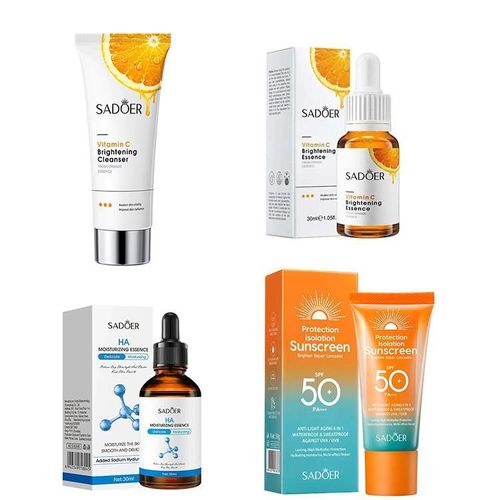 SADOER 4-in-1 Skincare Set – Vitamin C Cleanser, Vitamin C Essence, Hyaluronic Acid Serum & SPF50+ Sunscreen – Brightening, Hydrating, Dark Spot Removal & UV Protection