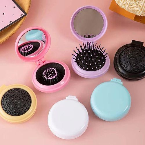 Mini Pocket Hair Comb with Mirror Folding Brush Travel Hair