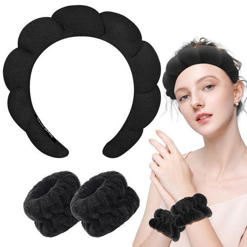 Spa Headband And Wristband Set Day Skincare Headband for Washing Face Hot Pink Puffy Sponge Makeup Bubble Head Band Hair Claw Clips Wrist Towels Headwear Scrunchies for Women Girls Non Slip Thick Hair Accessory(Black)