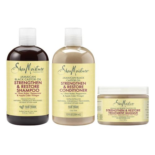 Shea Moisture Strengthen and Restore Shampoo, Conditioner and Masque for Damaged Hair Jamaican Black Castor Oil Hair Care Regimen.