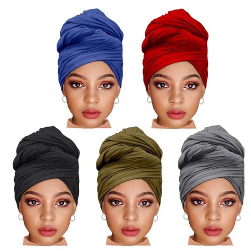 5 Pieces Knit Headscarf African Hair Scarf Jersey Turban Tie Headwraps Extra Long Soft Lightweight Comfortable for Black Women (Black,Bright Burgundy,Army Green,Denim Blue,Dark Grey)