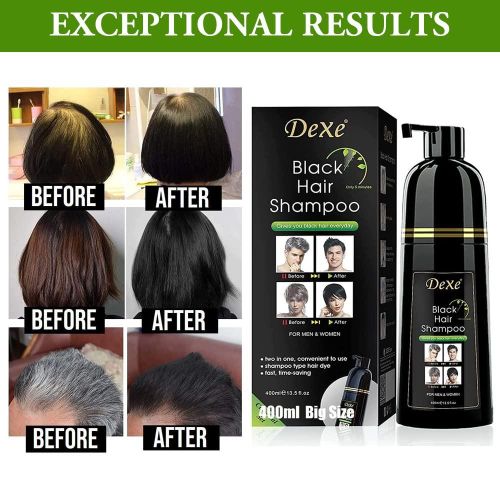 Dexe Long-Lasting Hair Dye Shampoo Gray Hair Coverage, Fast-Acting Black Hair Dye Shampoo, Black Hair Shampoo with 100% natural Herbal Ingredients for Men & Women-400mL.