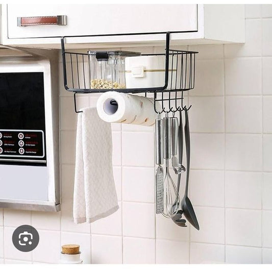 Under Shelf Kitchen Storage Basket with Towel Holder and Utensil Hooks