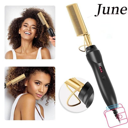 2-in-1 Electric Hot Comb Hair Straightener & Curler Flat Iron
