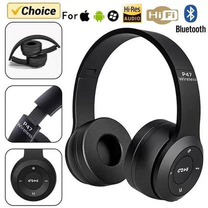 P47 Wireless Bluetooth Headset – Headphones with Microphone, TF Card & FM Radio (Black)