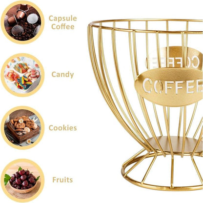 KnMn Fruit Basket & Coffee K-Cup Pod Holder – Gold Kitchen Organizer