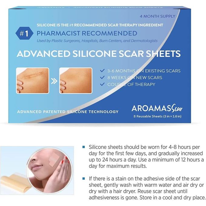 Aroamas Scar Removal Sheets – Professional Silicone Scar Treatment (8 Sheets | 4-Month Supply)