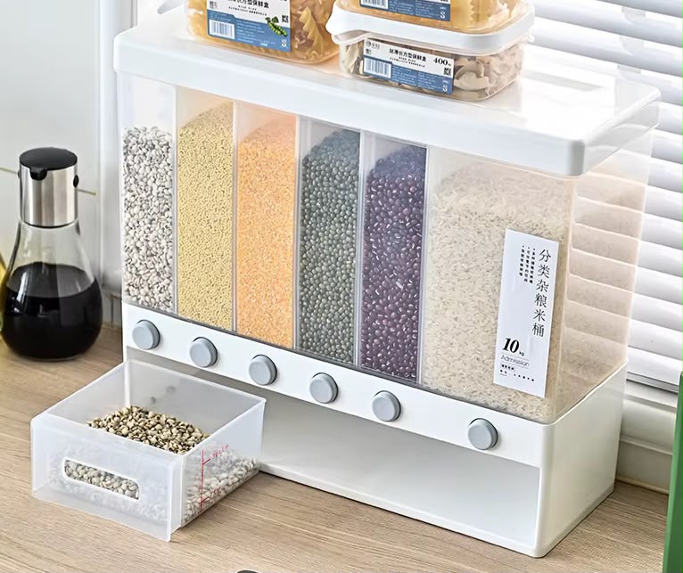🔥 LIMITED DEAL — 10kg 6-Partition Cereal & Rice Dispenser | Wall Mount or Tabletop + Push-Button + Measuring Cup + Organise Grains & Beans | KSh 4200