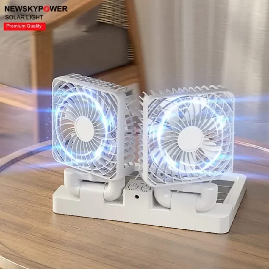 Car/Tabletop Double Head Super Cooling Rechargeable Fan – Type-C + Solar Panel